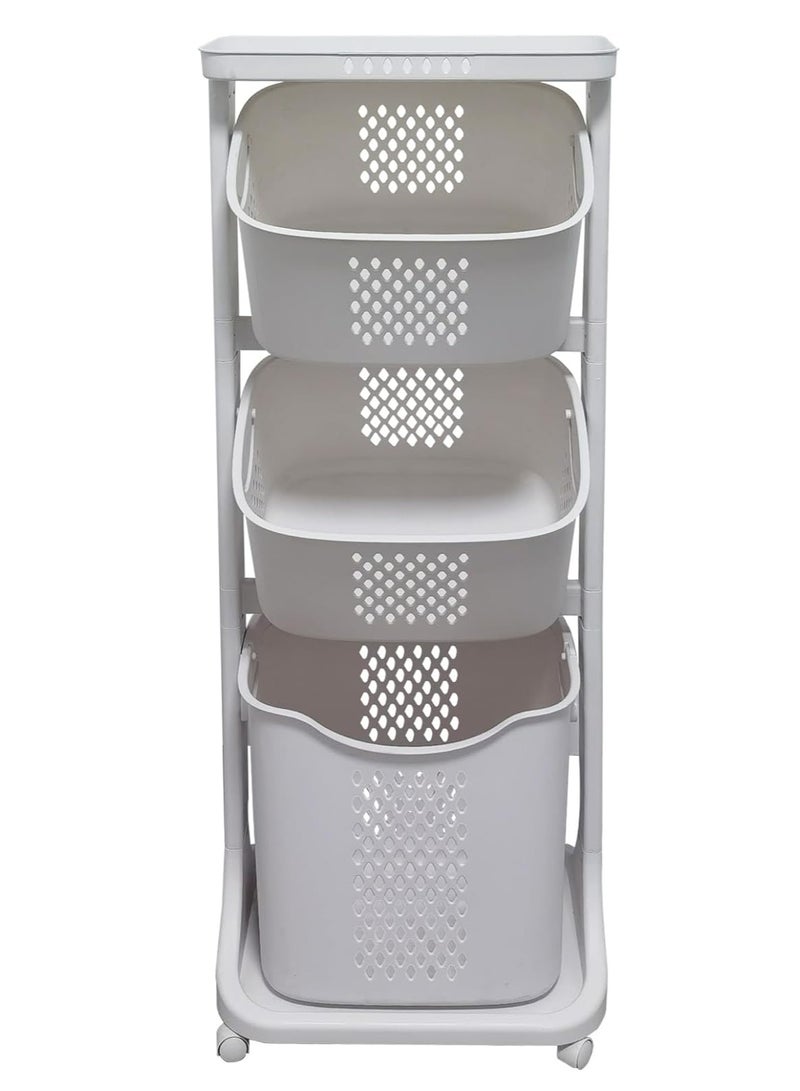 DubaiGallery 3-Tier Laundry Basket, Portable Home Rolling Laundry Hamper Cart w/Wheels, Clothes Hamper with Portable Storage Baskets for Bathroom Laundry Room Dorm, White - Image 2