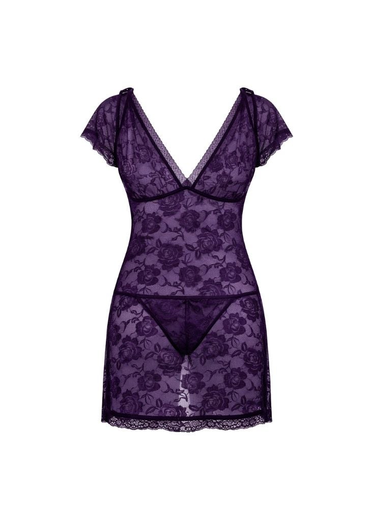 Cute Deep Purple Floral Lace Mini Dress with Tie Shoulder Straps and Elegant Sheer Finish - Image 2