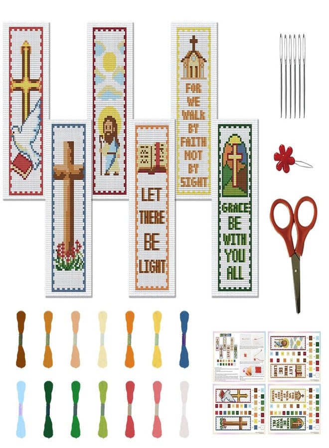 FREEBLOSS 22*8cm 6 Set Cross Stitch Bookmark Kits Plaid Biblical Themes Cross Stitch Patterns DIY Bookmarks Cross Stitch Kits Stamped Embroidery Bookmarks Kit Counted Cross Stitch Kits for Beginners - Image 1