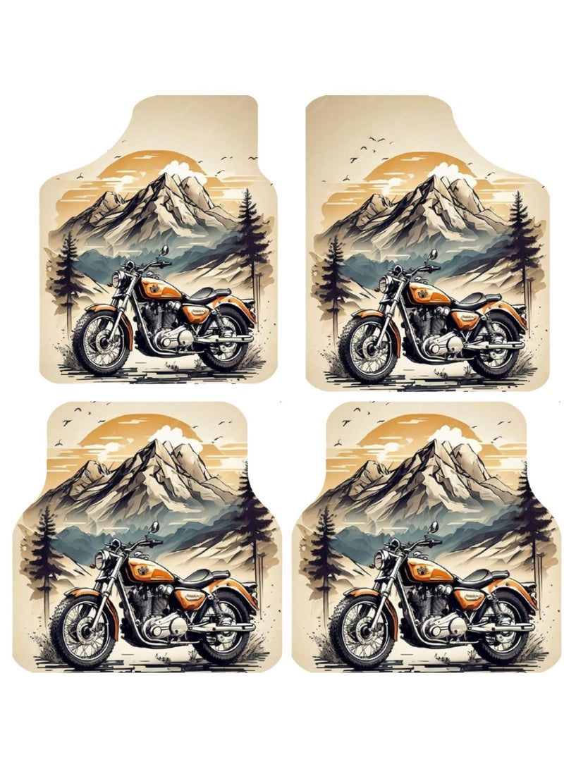 MT Best Buy Vintage Motorcycle Car Floor Mats – 4-Piece Set, Universal Fit, Non-Slip, Waterproof, Easy to Clean, Retro Mountain Biker Design