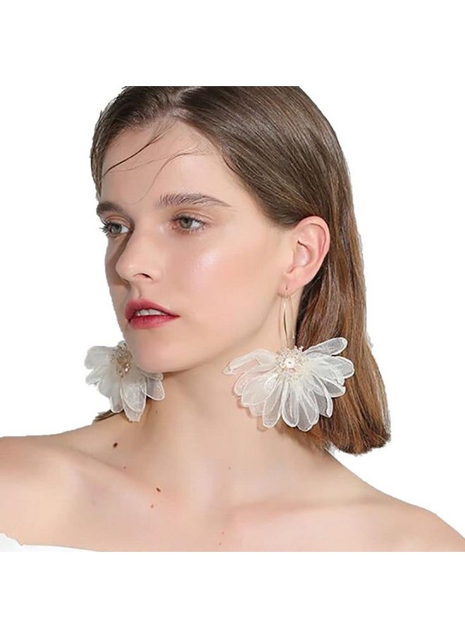 YERTTER - Women Big Petal Drop Large Earrings Big Flowers Dangle Earrings With Chiffon Floral Tassel For Vacation Wedding (Ivory) - Image 1