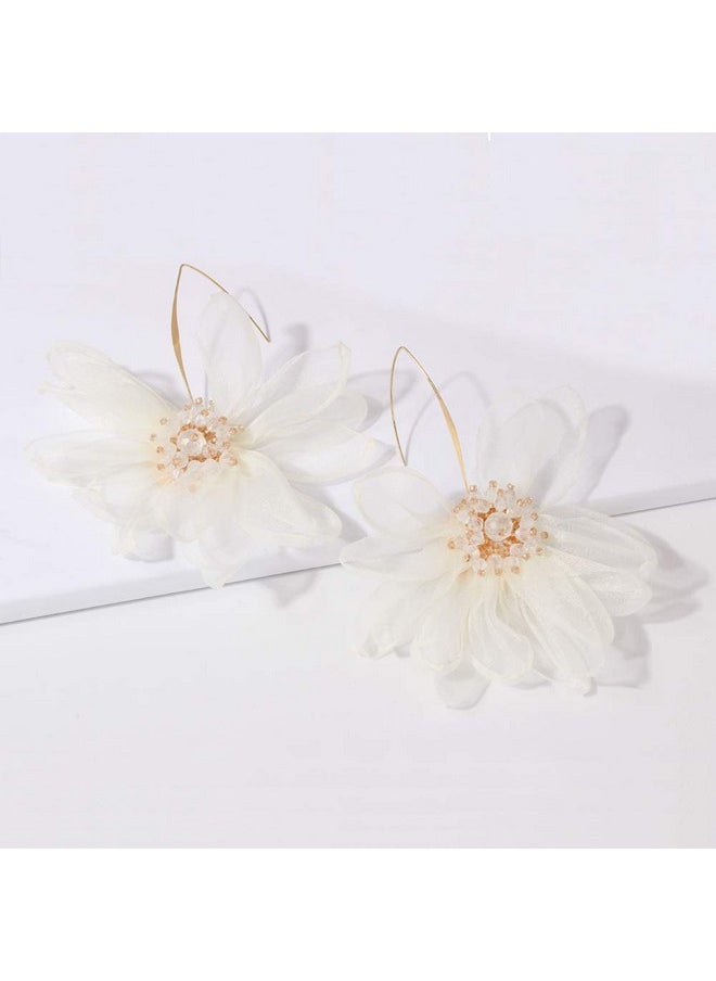 YERTTER - Women Big Petal Drop Large Earrings Big Flowers Dangle Earrings With Chiffon Floral Tassel For Vacation Wedding (Ivory) - Image 1