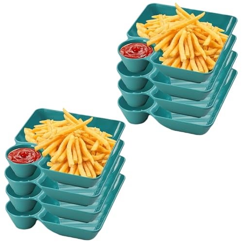TOMATUS® Chip Dip Serving Platter Set, Plastic Dumpling Plates with Sauce Compartment, Square Serving Dish Sushi Plates, Small Dip Tray for Appetizer, Taco Salsa, Fruit, Fries, Pack of 8, Green - Image 1