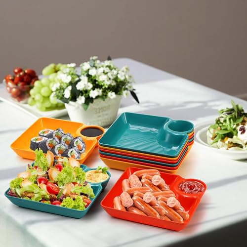 TOMATUS® Chip Dip Serving Platter Set, Plastic Dumpling Plates with Sauce Compartment, Square Serving Dish Sushi Plates, Small Dip Tray for Appetizer, Taco Salsa, Fruit, Fries, Pack of 8, Green - Image 2