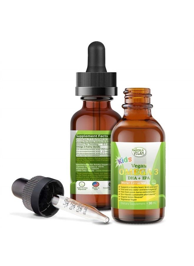 AMALA VEGAN - Omega 3 for Kids - Organic Lemon, Vegan, Liquid Supplement - Kids Fish Oil with DHA, EPA, DPA Fatty Acids - Plant Based Algae Oil - Immune, Heart, Brain Health for Children- 30-60 Doses - Image 1
