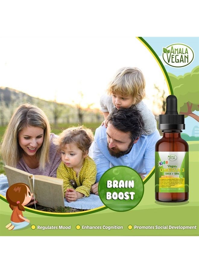 AMALA VEGAN - Omega 3 for Kids - Organic Lemon, Vegan, Liquid Supplement - Kids Fish Oil with DHA, EPA, DPA Fatty Acids - Plant Based Algae Oil - Immune, Heart, Brain Health for Children- 30-60 Doses - Image 1
