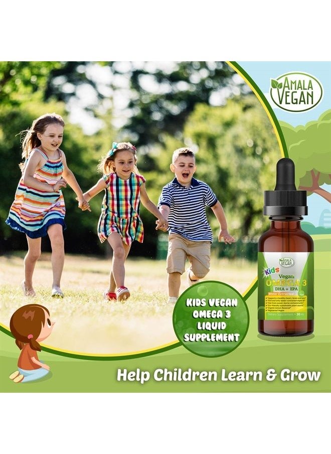 AMALA VEGAN - Omega 3 for Kids - Organic Lemon, Vegan, Liquid Supplement - Kids Fish Oil with DHA, EPA, DPA Fatty Acids - Plant Based Algae Oil - Immune, Heart, Brain Health for Children- 30-60 Doses - Image 1