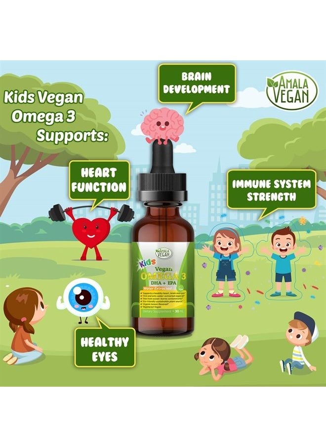 AMALA VEGAN - Omega 3 for Kids - Organic Lemon, Vegan, Liquid Supplement - Kids Fish Oil with DHA, EPA, DPA Fatty Acids - Plant Based Algae Oil - Immune, Heart, Brain Health for Children- 30-60 Doses - Image 1