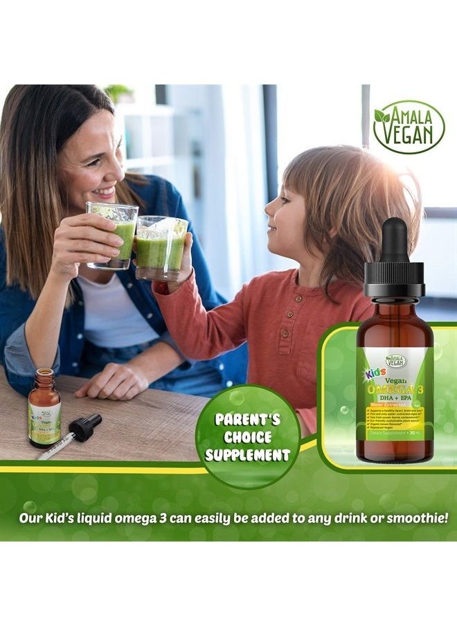 AMALA VEGAN - Omega 3 for Kids - Organic Lemon, Vegan, Liquid Supplement - Kids Fish Oil with DHA, EPA, DPA Fatty Acids - Plant Based Algae Oil - Immune, Heart, Brain Health for Children- 30-60 Doses - Image 1