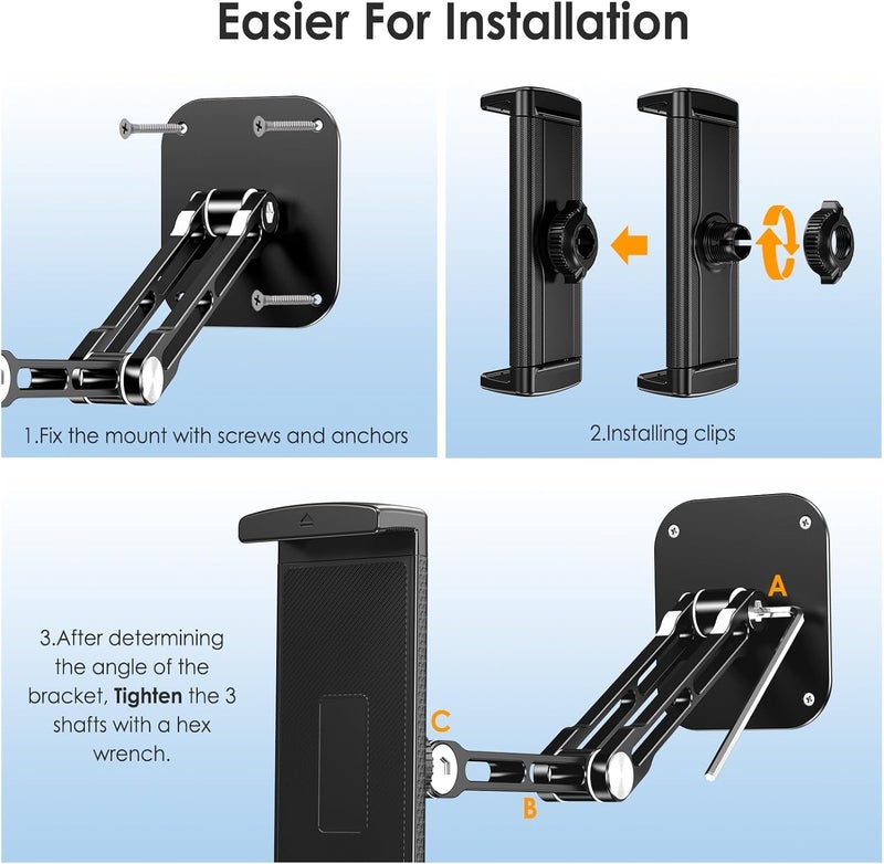 Azonee Tablet Wall Mount Holder, Aluminium Extendable Arm, 360° Rotating Base, Foldable and Adjustable for iPad Pro Air Mini, for Galaxy Tab, 6.3-9 Inch Tablets and Phones, Black - Image 4