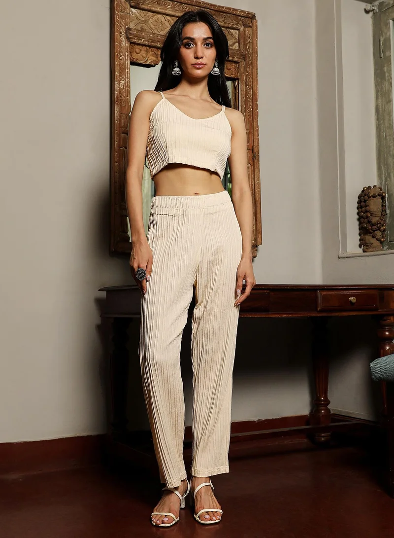  قصة Women's Pale Yellow Sheer Geometric Co-Ord Set