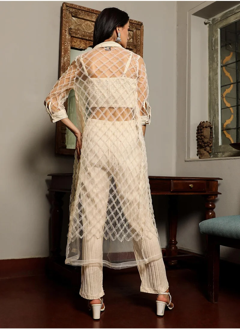 QISSA Women's Pale Yellow Sheer Geometric Co-Ord Set