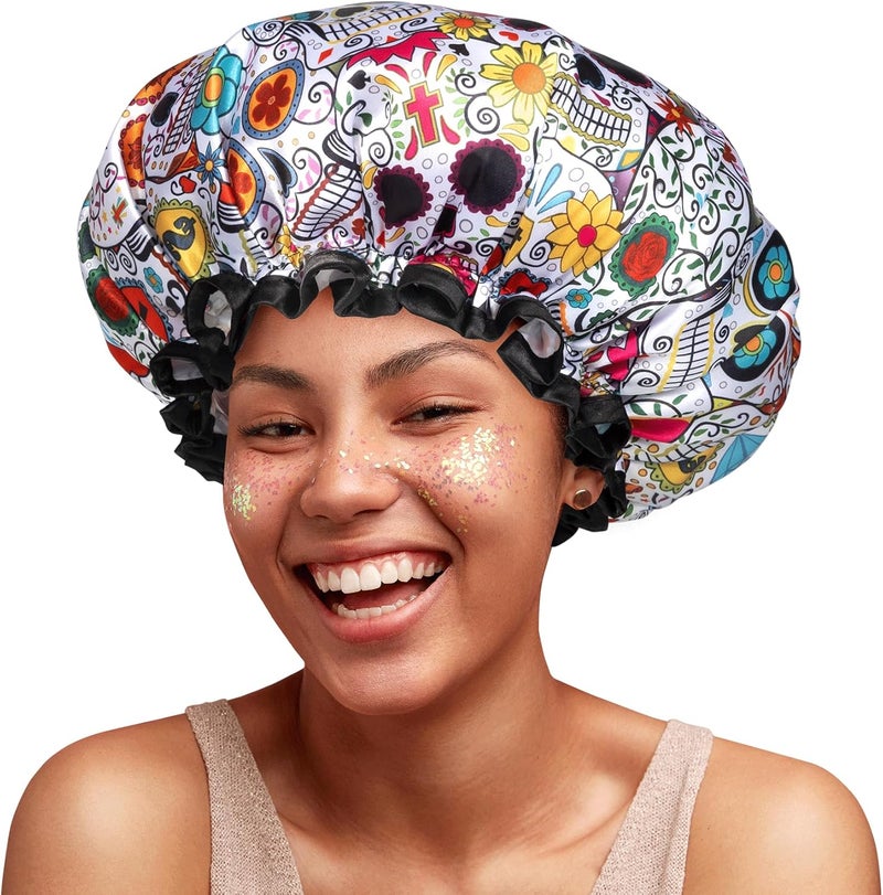 mikimini Shower Cap for Women Reusable Shower Cap Waterproof for Long Hair Large Shower Hat with Stylish Vibrant Design Double Layer Bath Cap for Ladies and Girls