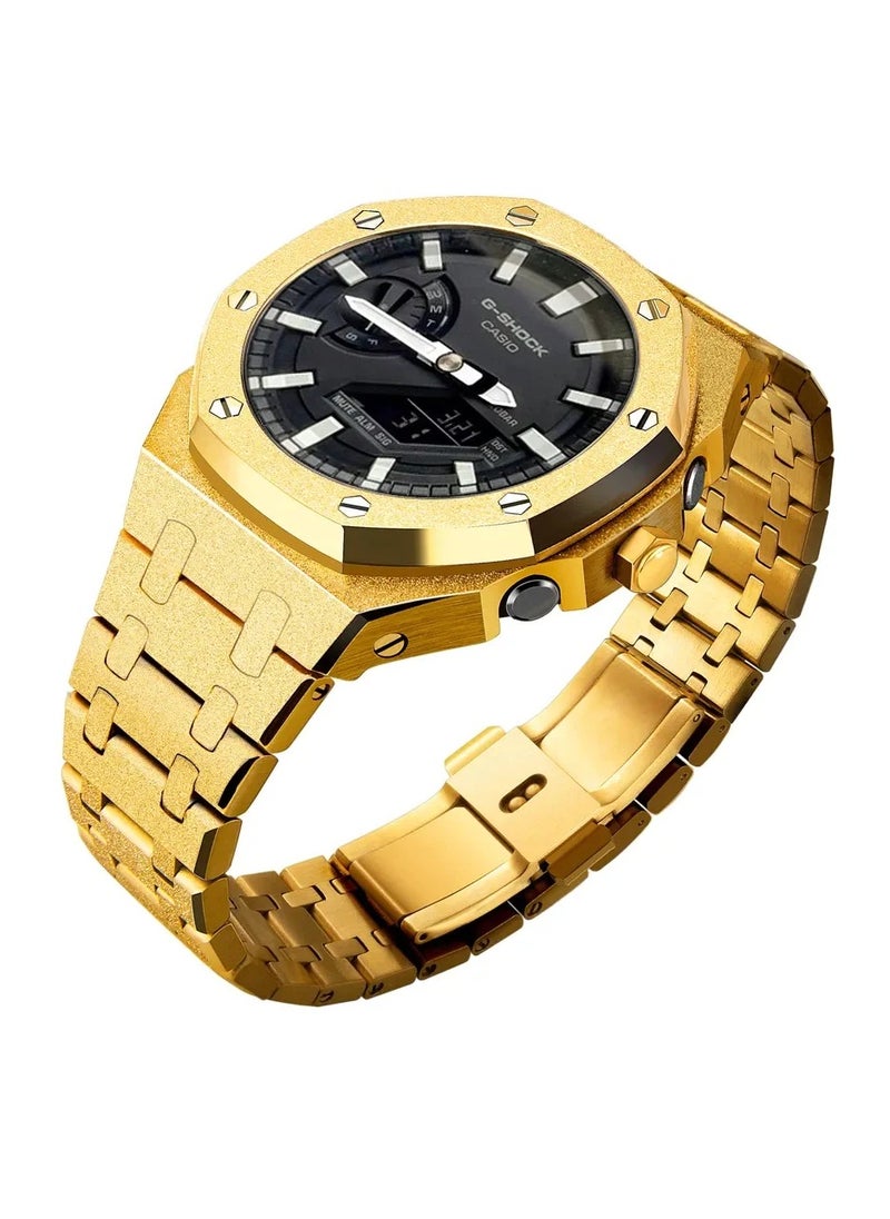 AROAQ GA2100 Metal Watch Band Case Replacement Kit, Stainless Steel Strap Bezel Accessories, Frosted Surface Stainless Steel Bracelet Case Mod For Shock, (Frost gold black shell blue tape)  - Image 2