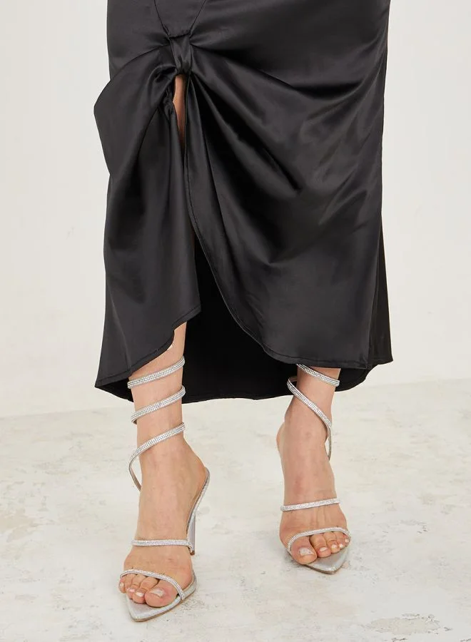 Styli One Side Shoulder Knot Detail Satin Maxi Dress