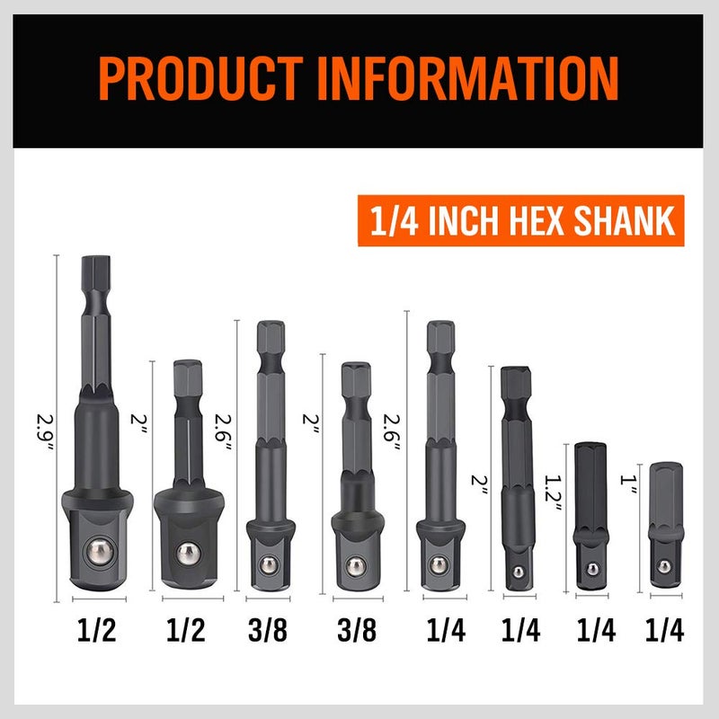 HORUSDY 8-Piece Impact Sockets Adapter Sets, Hex Shank 1/4" 3/8" 1/2" - Image 2
