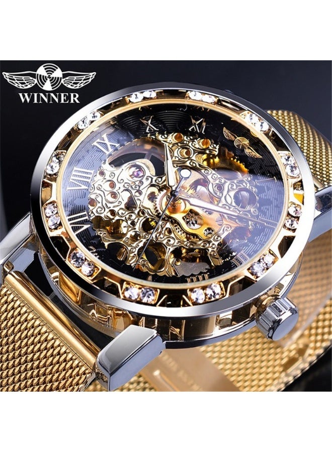 وينر ساعة رجالية ميكانيكية يدوية، كلاسيكية، أنيقة، عصرية، كاجوال، بسوار شبكي مجوف مرصع بأحجار الراين - Image 1