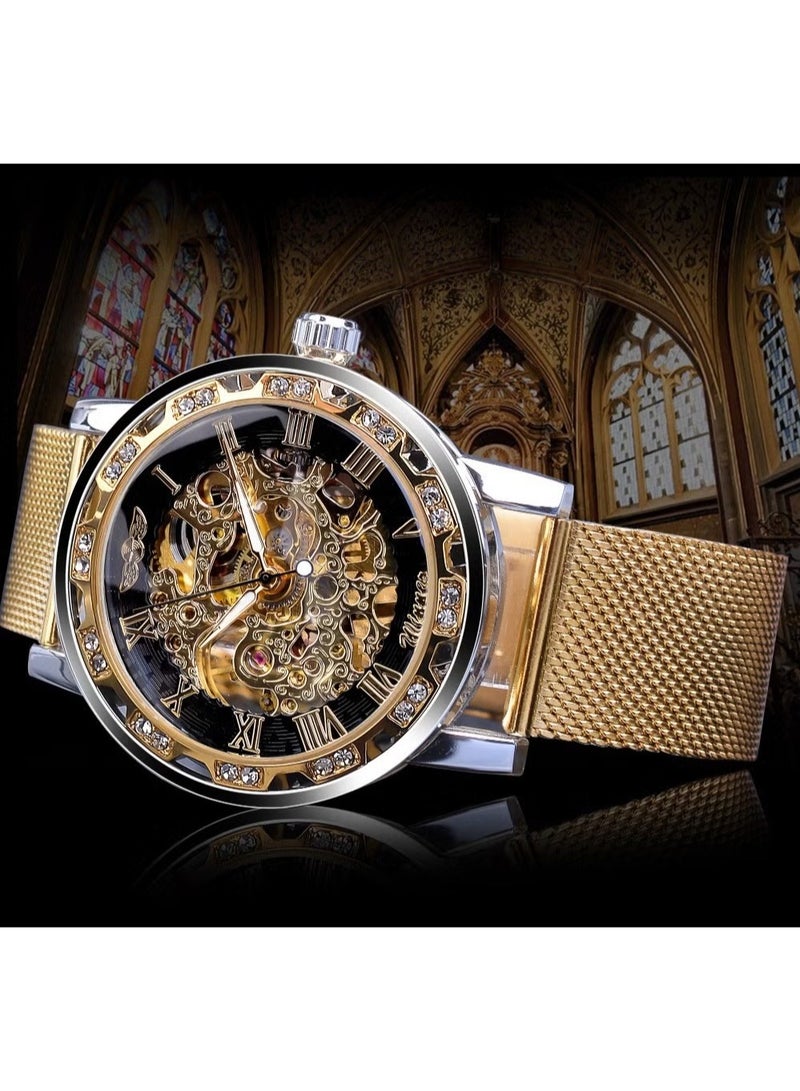 وينر ساعة رجالية ميكانيكية يدوية، كلاسيكية، أنيقة، عصرية، كاجوال، بسوار شبكي مجوف مرصع بأحجار الراين - Image 2