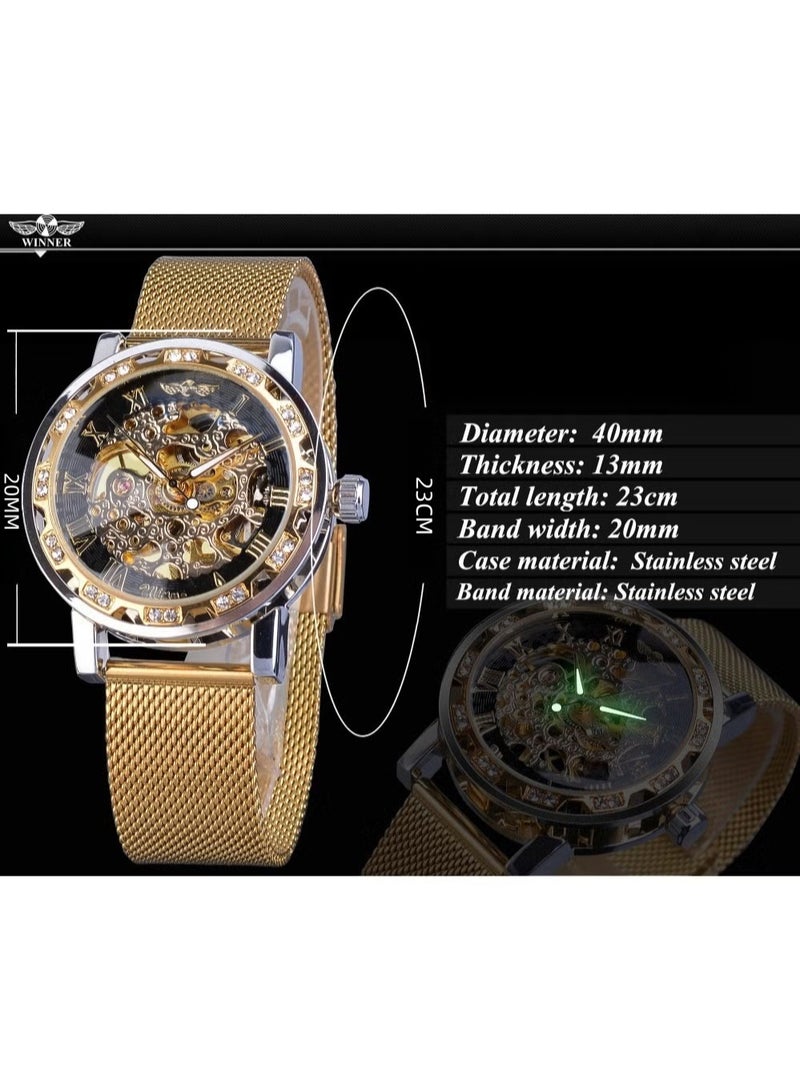 وينر ساعة رجالية ميكانيكية يدوية، كلاسيكية، أنيقة، عصرية، كاجوال، بسوار شبكي مجوف مرصع بأحجار الراين - Image 3