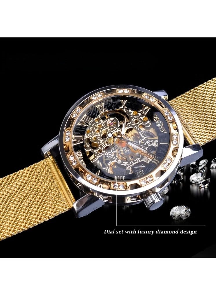 وينر ساعة رجالية ميكانيكية يدوية، كلاسيكية، أنيقة، عصرية، كاجوال، بسوار شبكي مجوف مرصع بأحجار الراين - Image 4