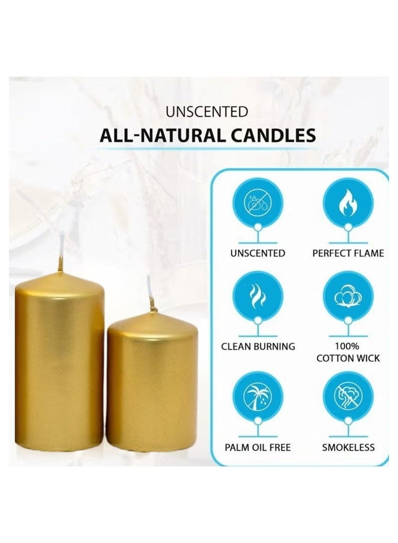 Metallic Gold Pillar Candles Unscented Premium Quality Long Burning Hours, Decorative, SPA - Dripless Clean Burning Dinner Candle Decorative Candles for Wedding, Party, Birthday & Home Decor Set of 4  - Image 4