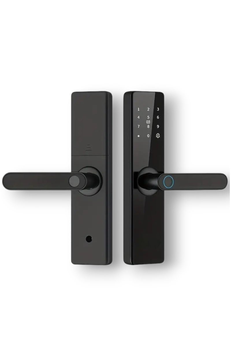 An easy and secure electronic smart door lock compatible with the Tuya smart app and supports Wi-Fi connection. It will open your door for any occasion, anytime and anywhere you are remotely. The lock features multiple options for opening the door: fingerprint, password, card, app, or key. The lock is available in several languages. It has a bell button and uses AA batteries. The lock has an alarm against attempted unlocking or when the battery is low. Don't worry when the batteries run out. A power bank can be used to supply power. Note: The lock handle is a crucial element for opening and closing the door, and its flexibility directly affects the use of the door lock. Therefore, please be careful and refrain from hanging things on the handle. It is preferable to replace the batteries at least once every six months. The lock is suitable for doors with a thickness of 3.5-7 cm. - Image 1