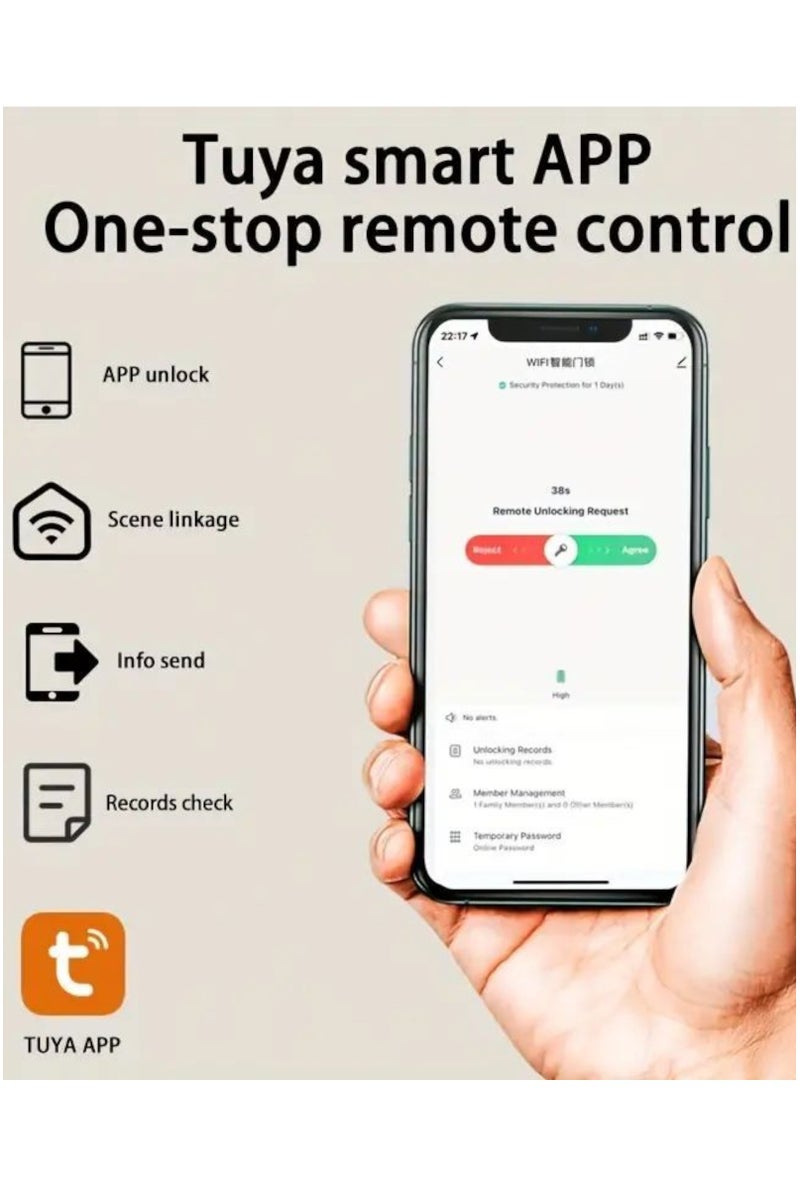 An easy and secure electronic smart door lock compatible with the Tuya smart app and supports Wi-Fi connection. It will open your door for any occasion, anytime and anywhere you are remotely. The lock features multiple options for opening the door: fingerprint, password, card, app, or key. The lock is available in several languages. It has a bell button and uses AA batteries. The lock has an alarm against attempted unlocking or when the battery is low. Don't worry when the batteries run out. A power bank can be used to supply power. Note: The lock handle is a crucial element for opening and closing the door, and its flexibility directly affects the use of the door lock. Therefore, please be careful and refrain from hanging things on the handle. It is preferable to replace the batteries at least once every six months. The lock is suitable for doors with a thickness of 3.5-7 cm. - Image 2