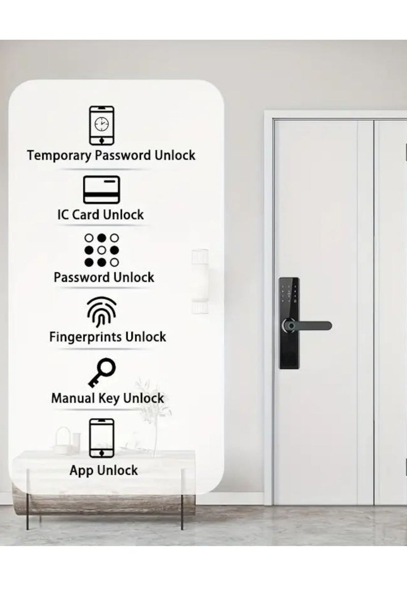 An easy and secure electronic smart door lock compatible with the Tuya smart app and supports Wi-Fi connection. It will open your door for any occasion, anytime and anywhere you are remotely. The lock features multiple options for opening the door: fingerprint, password, card, app, or key. The lock is available in several languages. It has a bell button and uses AA batteries. The lock has an alarm against attempted unlocking or when the battery is low. Don't worry when the batteries run out. A power bank can be used to supply power. Note: The lock handle is a crucial element for opening and closing the door, and its flexibility directly affects the use of the door lock. Therefore, please be careful and refrain from hanging things on the handle. It is preferable to replace the batteries at least once every six months. The lock is suitable for doors with a thickness of 3.5-7 cm. - Image 3