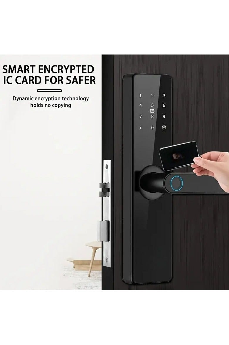 An easy and secure electronic smart door lock compatible with the Tuya smart app and supports Wi-Fi connection. It will open your door for any occasion, anytime and anywhere you are remotely. The lock features multiple options for opening the door: fingerprint, password, card, app, or key. The lock is available in several languages. It has a bell button and uses AA batteries. The lock has an alarm against attempted unlocking or when the battery is low. Don't worry when the batteries run out. A power bank can be used to supply power. Note: The lock handle is a crucial element for opening and closing the door, and its flexibility directly affects the use of the door lock. Therefore, please be careful and refrain from hanging things on the handle. It is preferable to replace the batteries at least once every six months. The lock is suitable for doors with a thickness of 3.5-7 cm. - Image 4