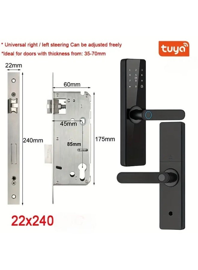 An easy and secure electronic smart door lock compatible with the Tuya smart app and supports Wi-Fi connection. It will open your door for any occasion, anytime and anywhere you are remotely. The lock features multiple options for opening the door: fingerprint, password, card, app, or key. The lock is available in several languages. It has a bell button and uses AA batteries. The lock has an alarm against attempted unlocking or when the battery is low. Don't worry when the batteries run out. A power bank can be used to supply power. Note: The lock handle is a crucial element for opening and closing the door, and its flexibility directly affects the use of the door lock. Therefore, please be careful and refrain from hanging things on the handle. It is preferable to replace the batteries at least once every six months. The lock is suitable for doors with a thickness of 3.5-7 cm. - Image 5
