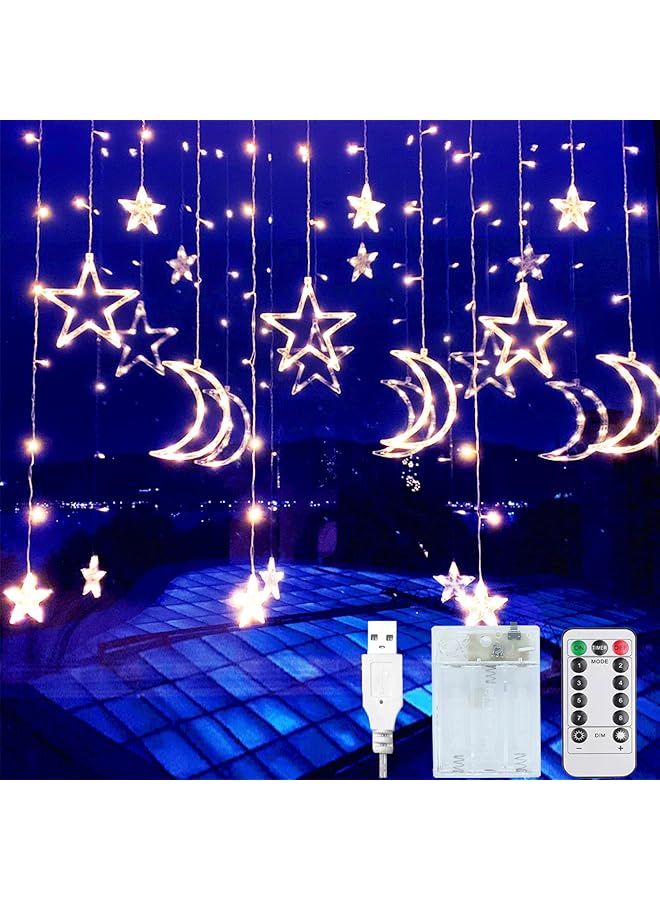 The Bros 3.5M Decorative Starry String Curtain Ramadan Lights Moons and Stars LED Night Light for Ramadan Home Decoration Party, USB and Battery Box Powered (Warm White) - Image 1