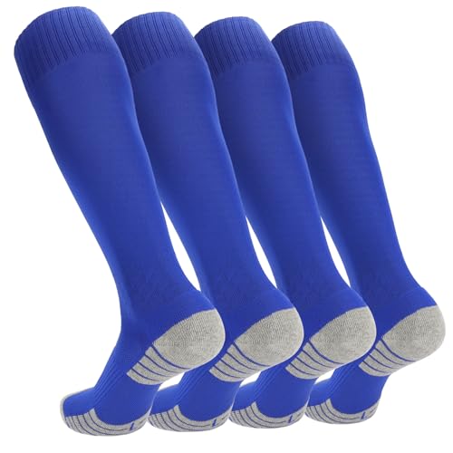 Ultrafun 4 Pairs Soccer Socks Cushioned Knee High Team Sports Football Socks for Men Youth Kids (as1, alpha, l, regular, regular, Royal Blue) - Image 2