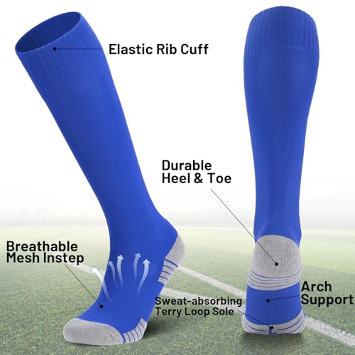 Ultrafun 4 Pairs Soccer Socks Cushioned Knee High Team Sports Football Socks for Men Youth Kids (as1, alpha, l, regular, regular, Royal Blue) - Image 4