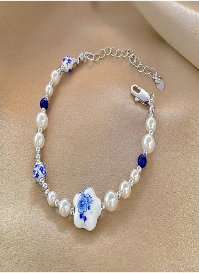 Satinior - New Chinese-style national tide blue and white porcelain pearl bracelet women's light luxury niche high-end design hand string jewelry - Image 1