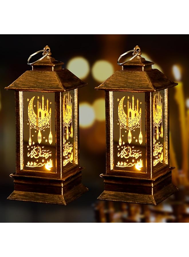 erorex 2Pcs Ramadan Lantern Dark Brown Mini Castle Moon Led Not Water Resistant Home Decor Eid Mubarak Tabletop Mount - Image 1