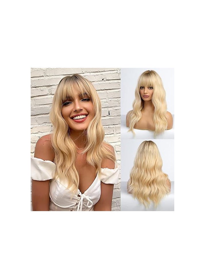 باروكة شعر صناعي طويل اشقر مموج الشعر الحراري