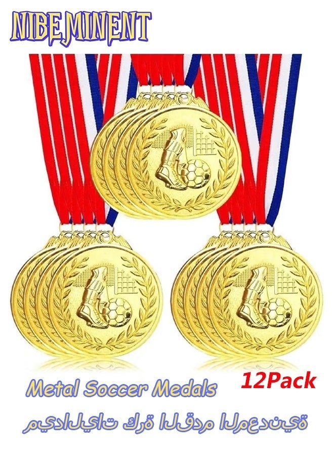 NIBEMINENT 12 Pack Metal Soccer Medals with Ribbons, 2 Inches Gold Award Medals Winner Medals, Football Medals for Soccer Team Gifts, Soccer Games Party Favors Prizes for Children Adults - Image 1