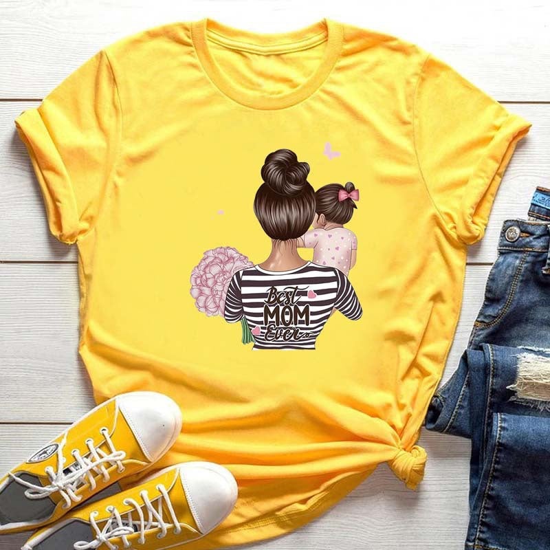 Generic Summer New Super Mom Themed White Tee for Women JZ0456-yellow