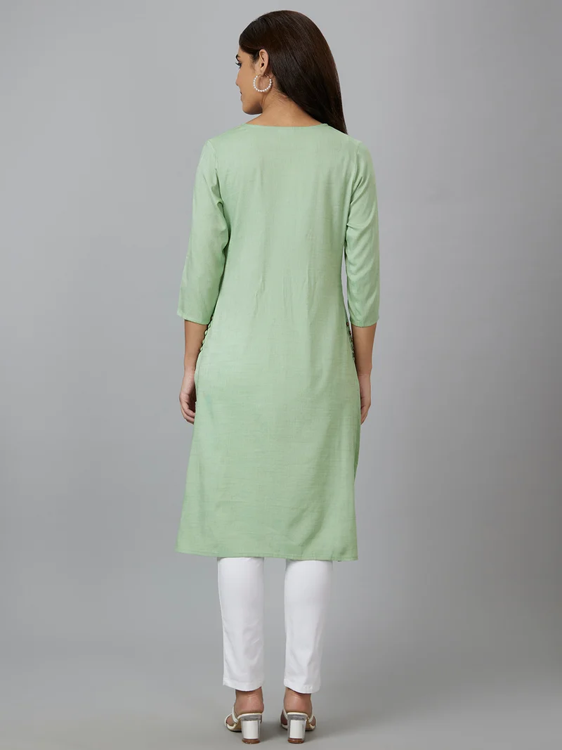 globus Women Green Striped Notched Neck Straight Kurta