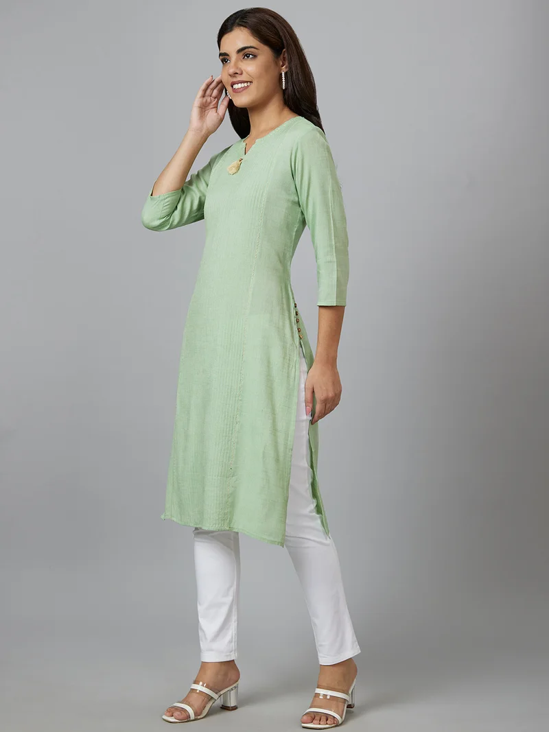 globus Women Green Striped Notched Neck Straight Kurta