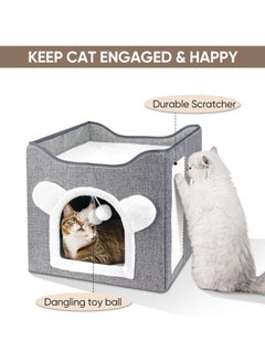 A.M Multifunction Cat House, Cat Bed for Indoor Cats, Cat Nest, Foldable Cat Cube Cave, Large Pet Play House with Fluffy Ball Hanging, Covered Cat Bed for Multi Small Pet Kitty(Grey) ﻿  - Image 3