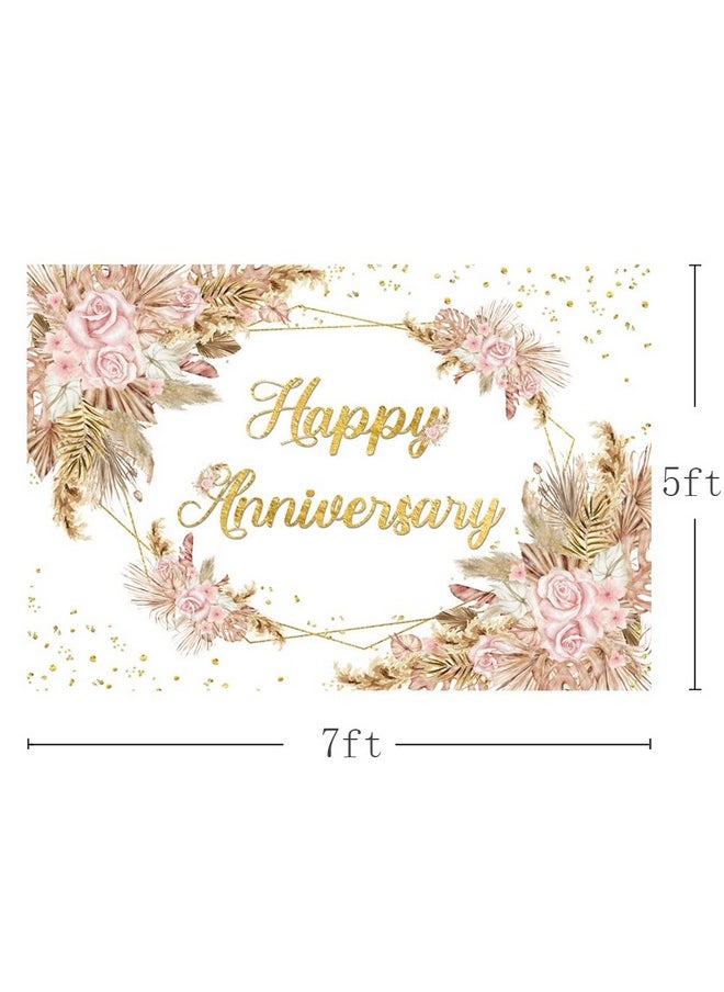 MEHOFOND Boho Happy Anniversary Backdrop Bohemia Pampas Grass Engagement Banner Couple Love Cheers To 1 10 Years 50Th Wedding Birthday Party Decorations Blush Pink Floral Photography Background 7X5Ft  - Image 4