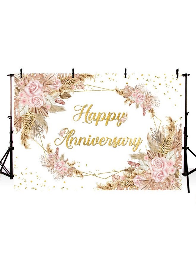 MEHOFOND Boho Happy Anniversary Backdrop Bohemia Pampas Grass Engagement Banner Couple Love Cheers To 1 10 Years 50Th Wedding Birthday Party Decorations Blush Pink Floral Photography Background 7X5Ft  - Image 3