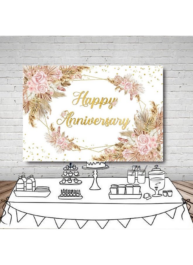 MEHOFOND Boho Happy Anniversary Backdrop Bohemia Pampas Grass Engagement Banner Couple Love Cheers To 1 10 Years 50Th Wedding Birthday Party Decorations Blush Pink Floral Photography Background 7X5Ft  - Image 5