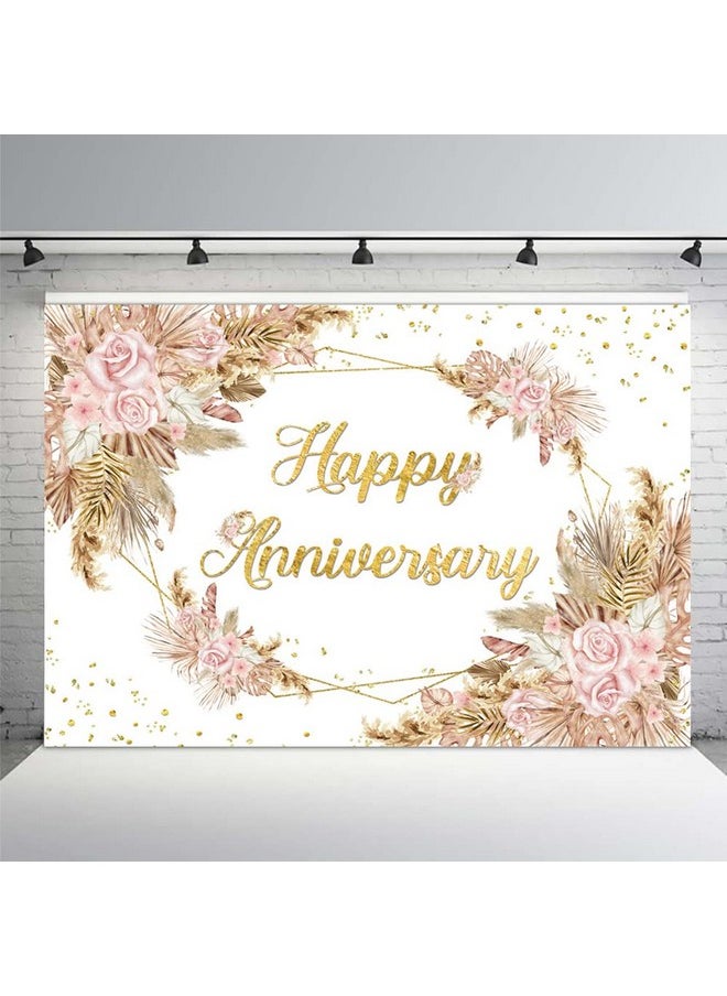 MEHOFOND Boho Happy Anniversary Backdrop Bohemia Pampas Grass Engagement Banner Couple Love Cheers To 1 10 Years 50Th Wedding Birthday Party Decorations Blush Pink Floral Photography Background 7X5Ft  - Image 2