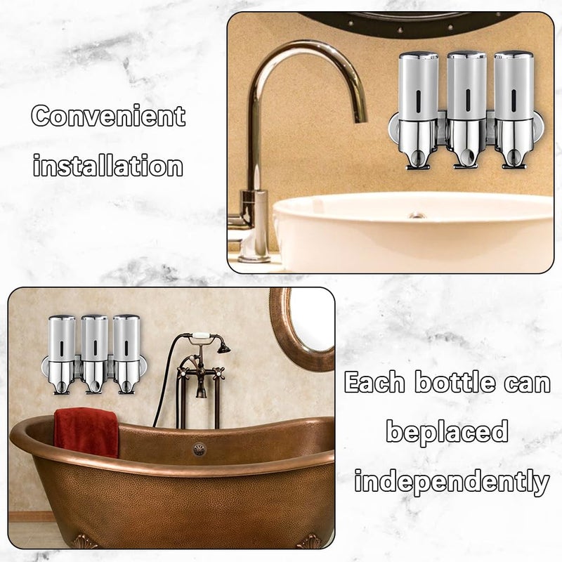 prosfalt 3 in 1 Chamber Wall Mounted Bathroom Shower Pump Dispenser and Organizer-Holds Shampoo, Soap, Conditioner, Shower Gel, for Bathroom Kitchen Hotel (Silver) - Image 2