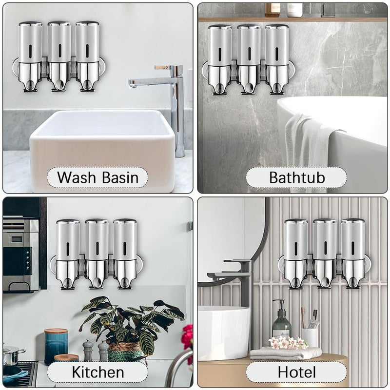 prosfalt 3 in 1 Chamber Wall Mounted Bathroom Shower Pump Dispenser and Organizer-Holds Shampoo, Soap, Conditioner, Shower Gel, for Bathroom Kitchen Hotel (Silver) - Image 4