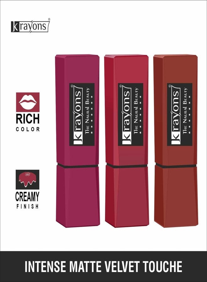 كرايونز أحمر شفاه كرايونز إنتنس مات، مقاوم للماء، يدوم طويلاً، 3.5 غرام لكل لون، عبوة من 3 ألوان (أحمر وردي، أحمر قرمزي، كراميل شوكولاتة) - Image 3