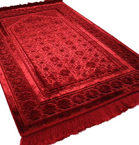 Modefa Velvet Prayer Rug Soft Plush Turkish Janamaz Sajada Carpet for Men and Women Plain Solid Prayer Mat Ramadan Eid Gift with Prayer Beads Luxury Floral Stamp Red