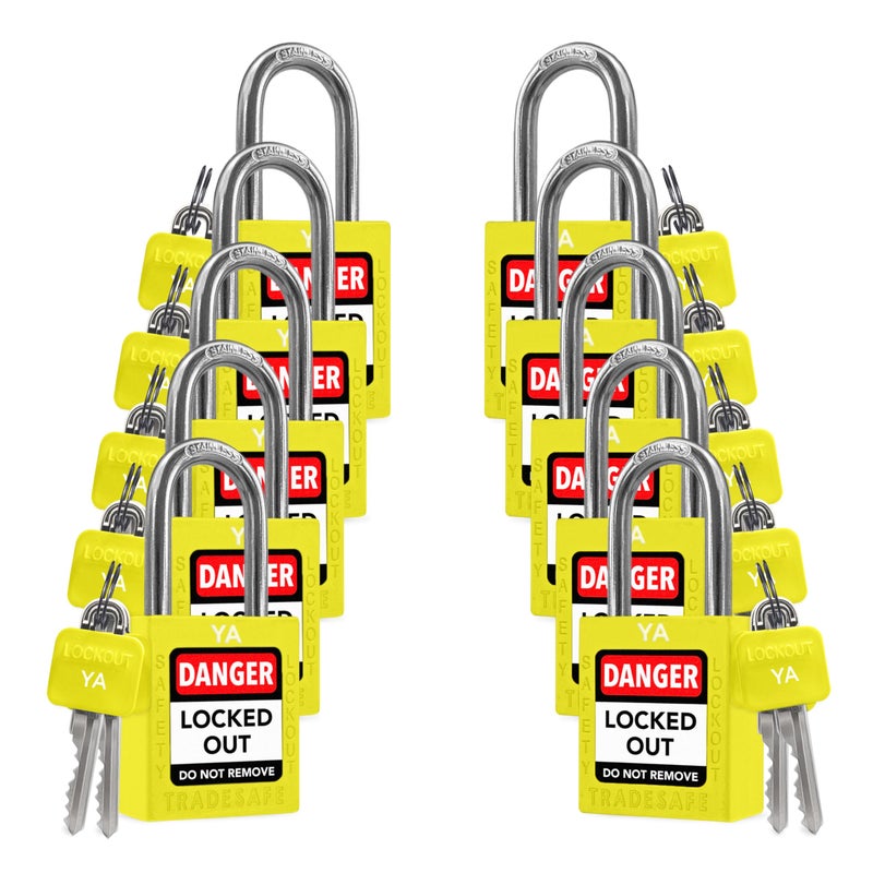TRADESAFE Lockout Tagout Lock Sets, 10 Yellow Keyed Alike Unlimited Grouping Safety Padlocks, 2 Keys Per Lock, OSHA Compliant Loto Locks, for Lock Out Tag Out Kits - Image 1